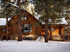 Snow-covered log cabin in a pine forest
