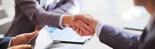 Businesswoman and businessman shake hands during a meeting