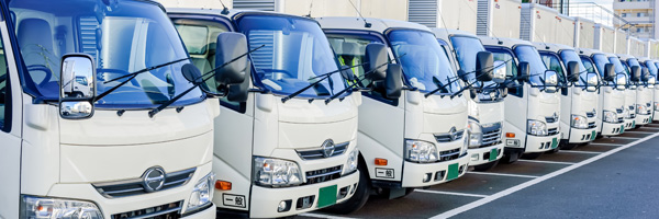 White trucks are parked in a line behind a distribution building.