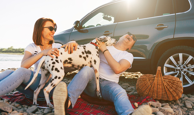 man and woman with dog having a picnic in front of car