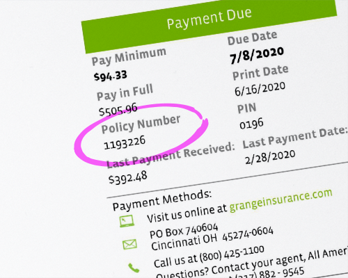 Billing statement with policy number circled